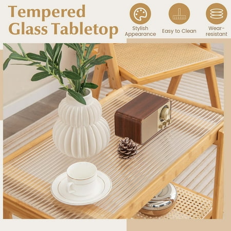 Costway 1 PC Bamboo Side Table with Rattan Shelf Glass Top Nightstand Small Sofa End Table - Natural