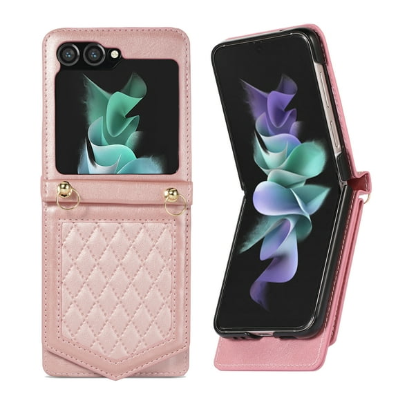 Allytech Wallet Case for Samsung Galaxy Z Flip5 with Hidden Make Up Mirror & Shoulder Strap & Magnetic Button, Premium PU Leather RFID Blocking Kickstand Card Slots Fashion Protective Case - Rosegold