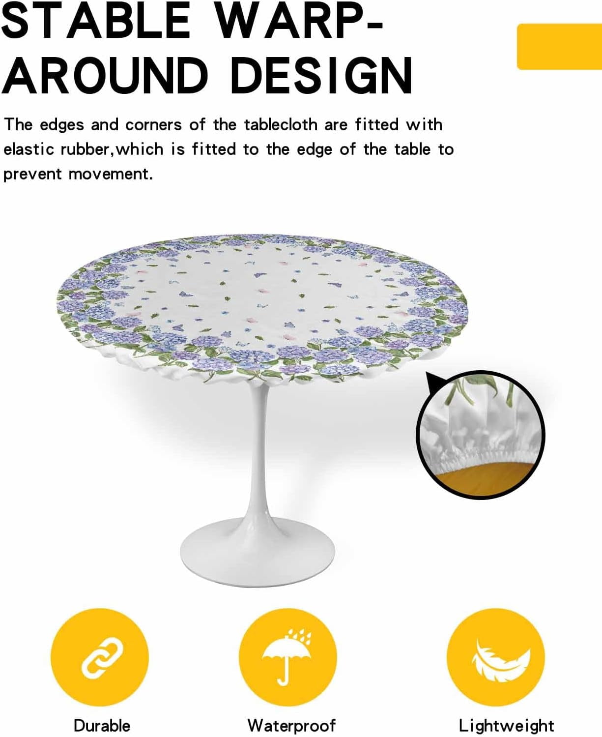 Floral Round Tablecloth Fitted Table Cover, Elastic Tablecloths Waterproof Outdoor Indoor Stretch Cloth Tablecover for Dinner, Party, Shower, Blue Purple Spring Botanical Plant Leaves 45-52IN