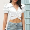 thumbnail image 2 of Women's Front Cross Back Bandage Sleeve Short Tops, Doll Neck Short Sleeve Shirt Blouse, Casual Puff Sleeve Button-up Shirt, Fashionable Women's Summer T-shirt for Everyday Wear, 2 of 5