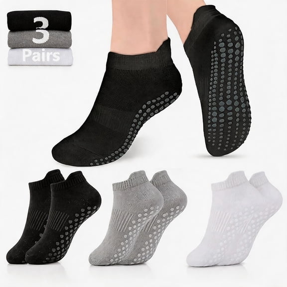 Women’s Non Slip Ankle Socks, 3 Pairs Grip Socks for Yoga, Home, Fitness, Breathable Low Cut Socks( US 8–10)