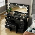 thumbnail image 3 of Vanity Desk with Power Outlet, Makeup Vanity with Lighted Mirror, 3 Colors Adjustable, Glass Top Vanity with Chair, Vanity Set for Bedroom, Dressing Room, 3 of 9