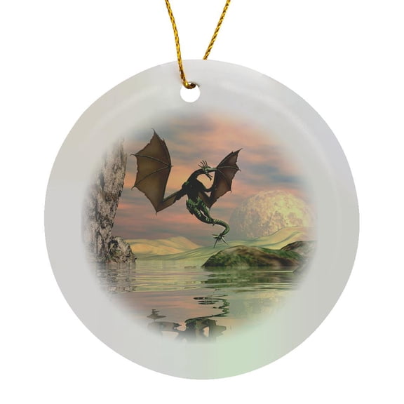 3drose, Awesome Flying Dragon with Moon and Ocean, Circle Porcelain Ornament