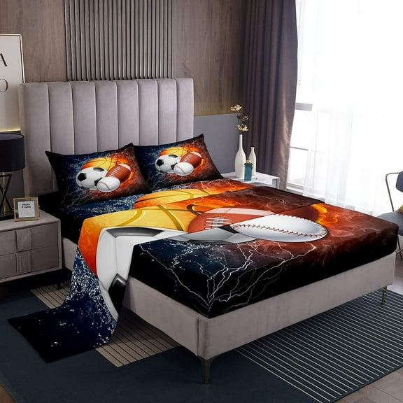 Sports Bed Sheets King Size,Baseball Soccer Sheet Set Teens Basketball Football Sheets Ball Games Flat Sheet,Fire Ice Trippy Lightening Decor 4Pcs Soft Luxury