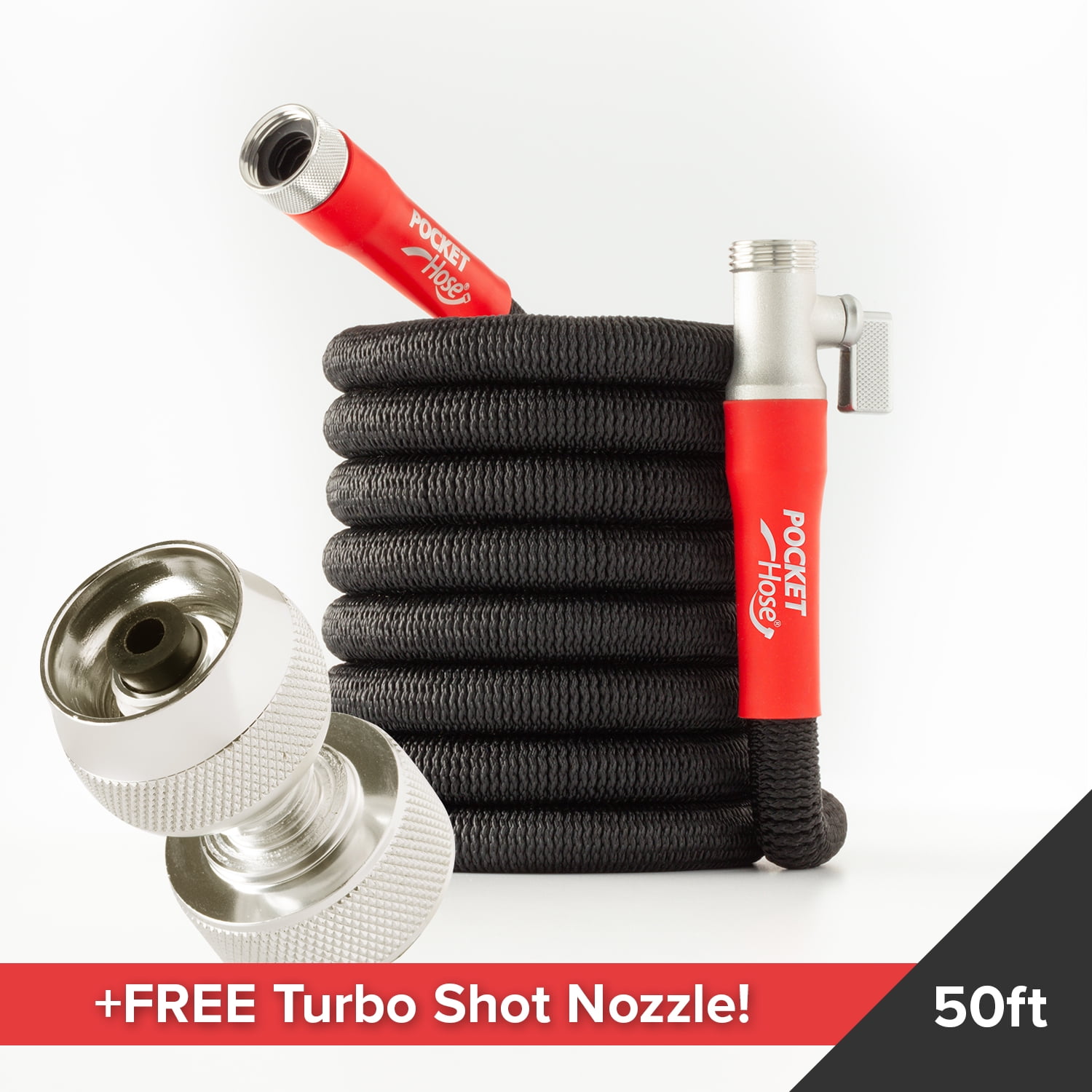 Pocket Hose Silver Bullet 2.0 Expandable Garden Hose 50-FT with Turbo Shot Nozzle, AS SEEN ON TV, Lead-Free, Solid Aluminum Connectors, Easy On/Off Valve, Kink-Free, Leak-Proof