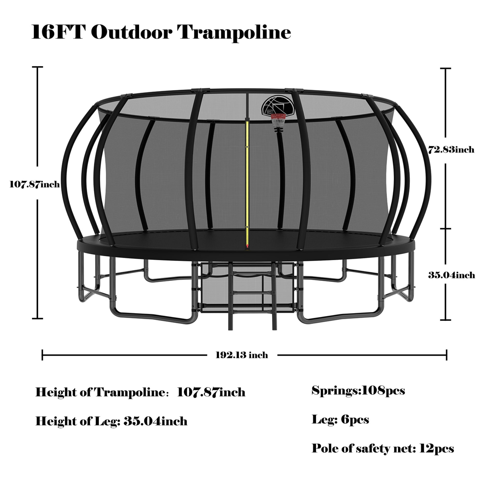 16FT Trampoline for Kids and Adults,Outdoor Pumpkin Trampolines with Curved Poles,Heavy Duty Trampoline with Ladder and Basketball Hoop,Black