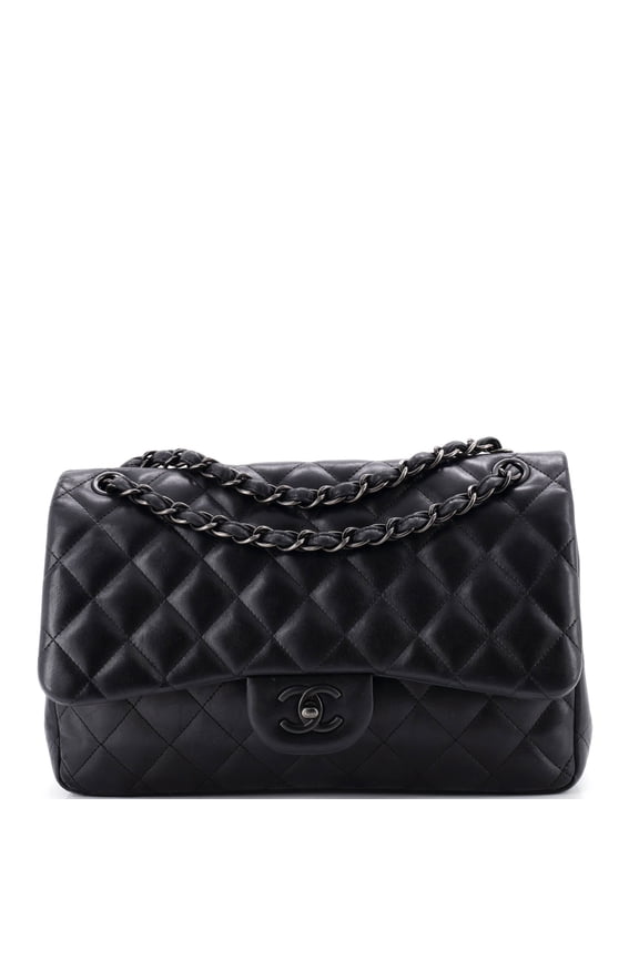Pre-Owned So Black Classic Double Flap Bag Quilted Lambskin Jumbo By Rebag