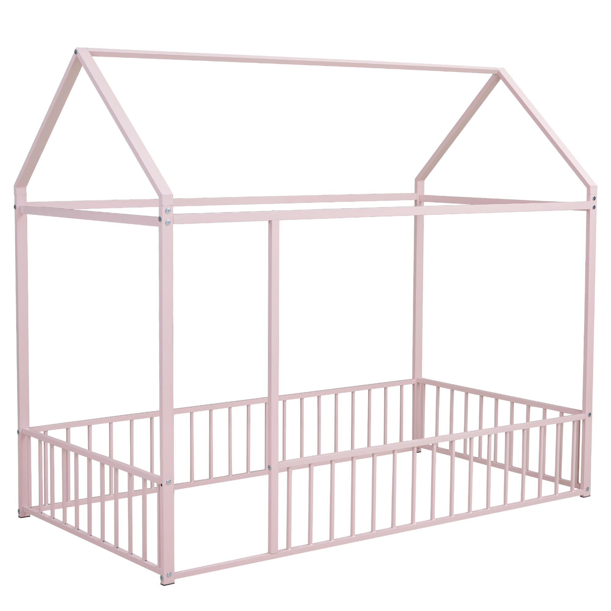 Twin Size Metal House Bed Frame with Rails, Montessori Floor Bed  without Slats (Pink)