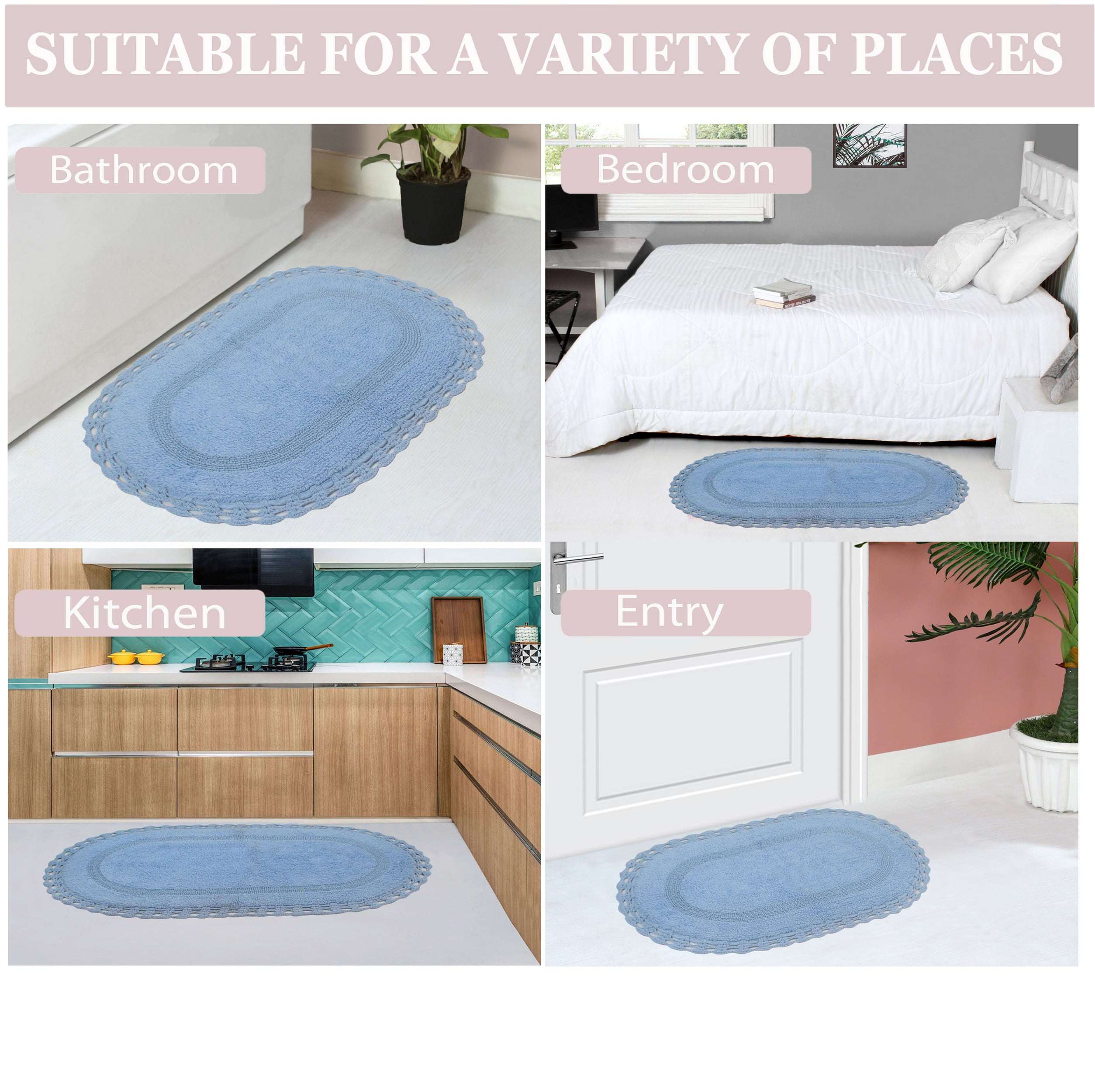 Home Weavers Hampton Crochet Bath Mat 100% Cotton Bathroom Rugs Set, Washable Rug, Extra Soft and Absorbent bath Rug, Kitchen Mat, Bath Mat Set, Bath Floor Mat Reversible, 24"x40" Rectangle, Blue