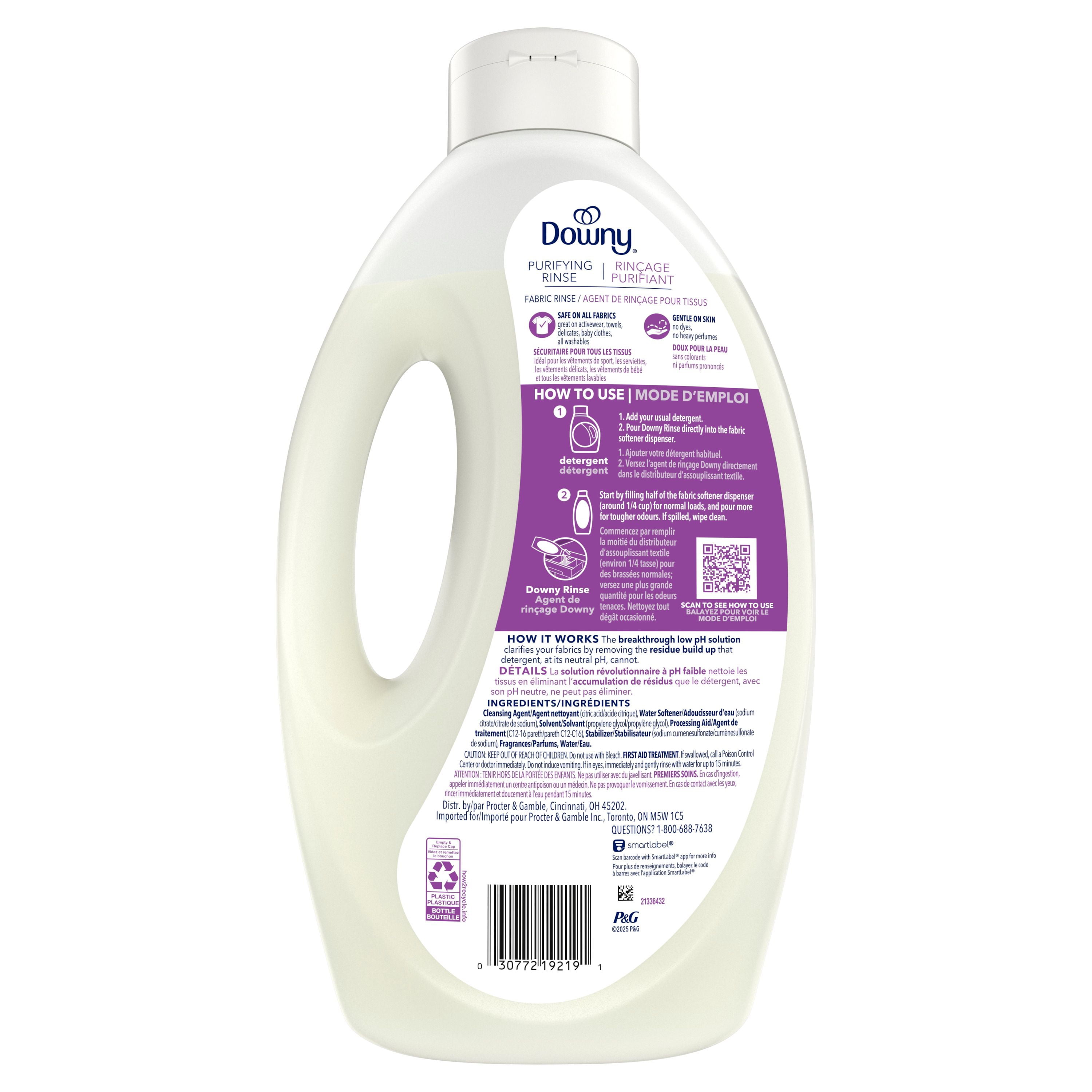 Agent de rinçage purifiant éliminateur d’odeurs pour lessive Downy, parfum Lavande fraîche, assouplissant textile et agent de rinçage éliminateur d’odeurs 1.8 L