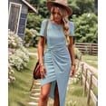 thumbnail image 5 of Women Summer Maxi Tshirt Dress Short Sleeve Crewneck Tie Waist Casual Fit Slit Spring Long Beach Dresses Light Blue M, 5 of 9