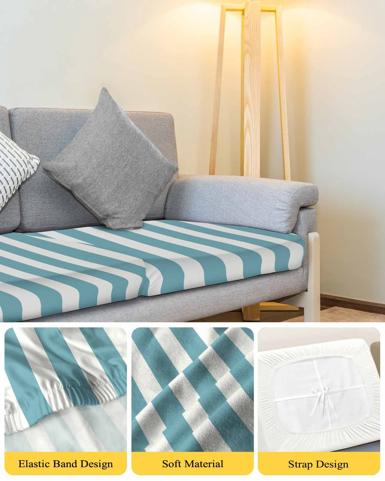 Aqua Striped Couch Cushion Covers,Stretch Seat Cushion Covers for Sectional Sofa,Modern Farmhouse Blue White Stripes Individual Sofa&nbsp;Slipcovers Furniture Protector with Elastic&Straps 1Pcs,S