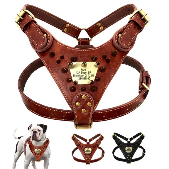 Didog Genuine Leather Dog Harness with Personalized Nameplate Spiked Studded Pitbull