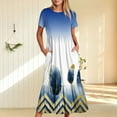 thumbnail image 2 of pimelu Dresses for Women Dresses for Women Loose Flowy Pleated Ruffle Swing Tunic Maxi Dress with Pocket Summer Fashion Feather Print Short Sleeve Crewneck Girls Long Dress, 2 of 6