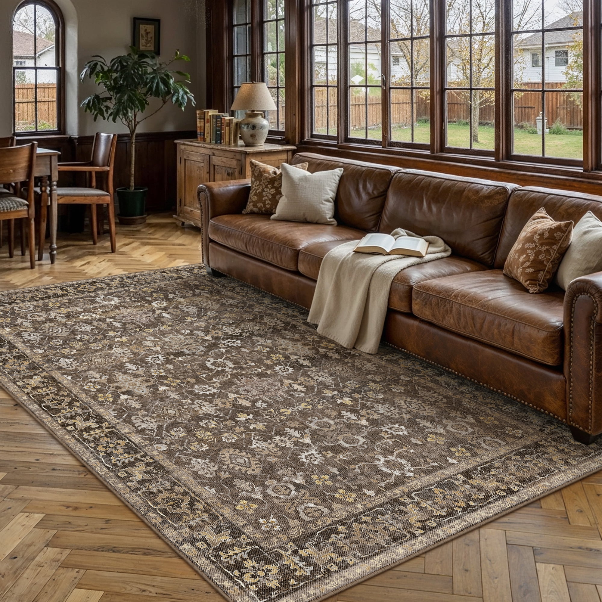 BERTHMEER 8'x10' Area Rugs for Living Room Large Vintage Brown Carpets for Bedroom Office Machine Washable Farmhouse Dining Room Oriental Rugs Non Slip Traditional Distressed Rugs