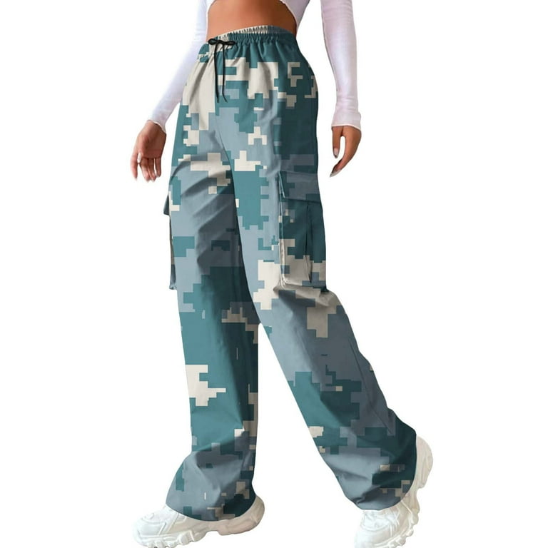 Camo Pants Women Elastic Waist Wide Leg Trousers with Drawstring