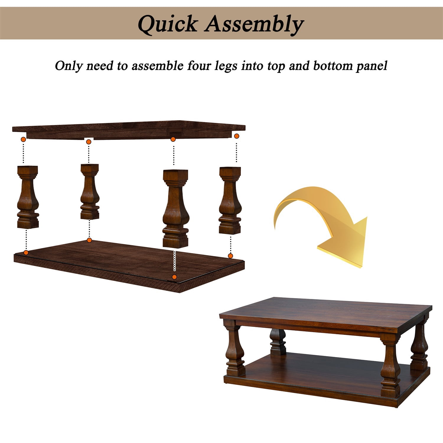 Hommoo Farmhouse Wood Coffee Table 46 Inch Rectangular with Open Shelf Storage, Rustic Living Room Center Table, Walnut