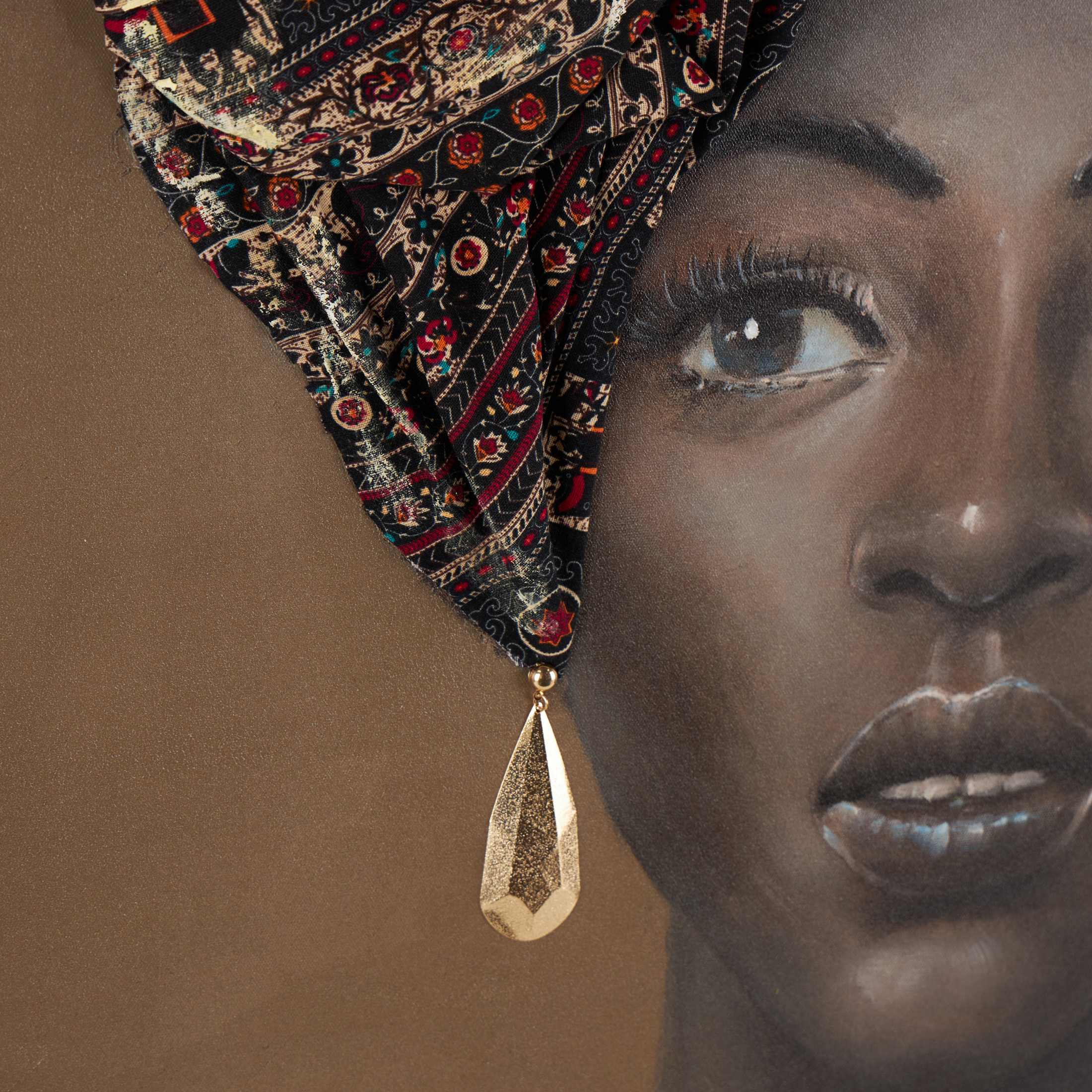 40" x 40" Unframed Woman Wall Art with 3D Fabric Headwear And Gold Jewels, by DecMode