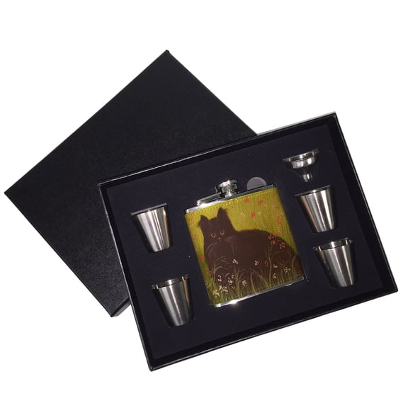 KuzmarK 6 oz. Leather Flask Set in Black Presentation Box -  Black Persian Cat Art by Denise Every