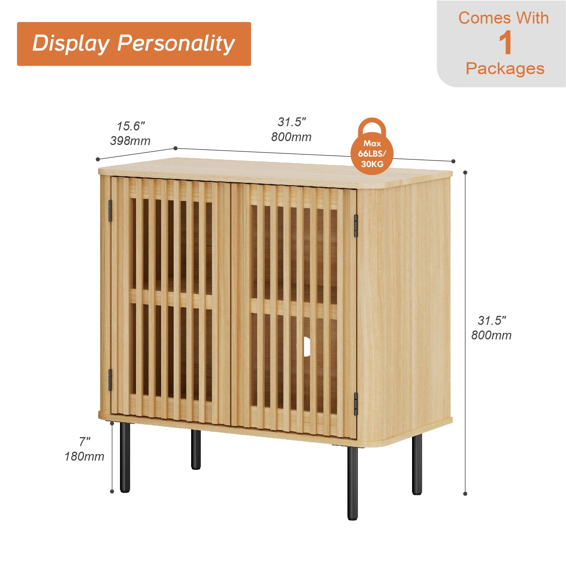 31.5" Mid Century Modern Sideboard Buffet Cabinet with Storage, Fluted Sideboard Cabinet with Adjustable Shelf,Oak