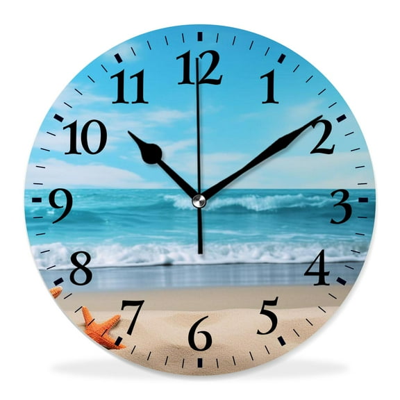 14 Inch Wall Clock Battery Operated Silent Clock Decorative for Office, Kitchen, Outdoor, Living Room，Starfish Beach Blue Ocean Elegant Pattern