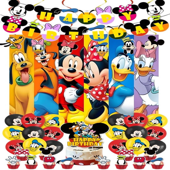 Mickey Party Supplies Pack Includes, Banner, Backdrop, Cake Topper,Balloons for Minnie party Decoration