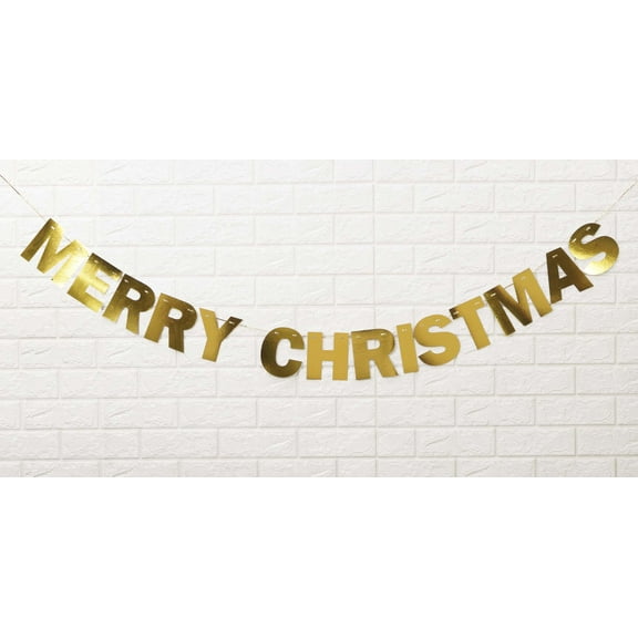 Inkdotpot Pre Strung Bunting Merry Christmas Banner Ready to Hang Metallic Gold Rustic Wall Decor Bunting Flag Garland