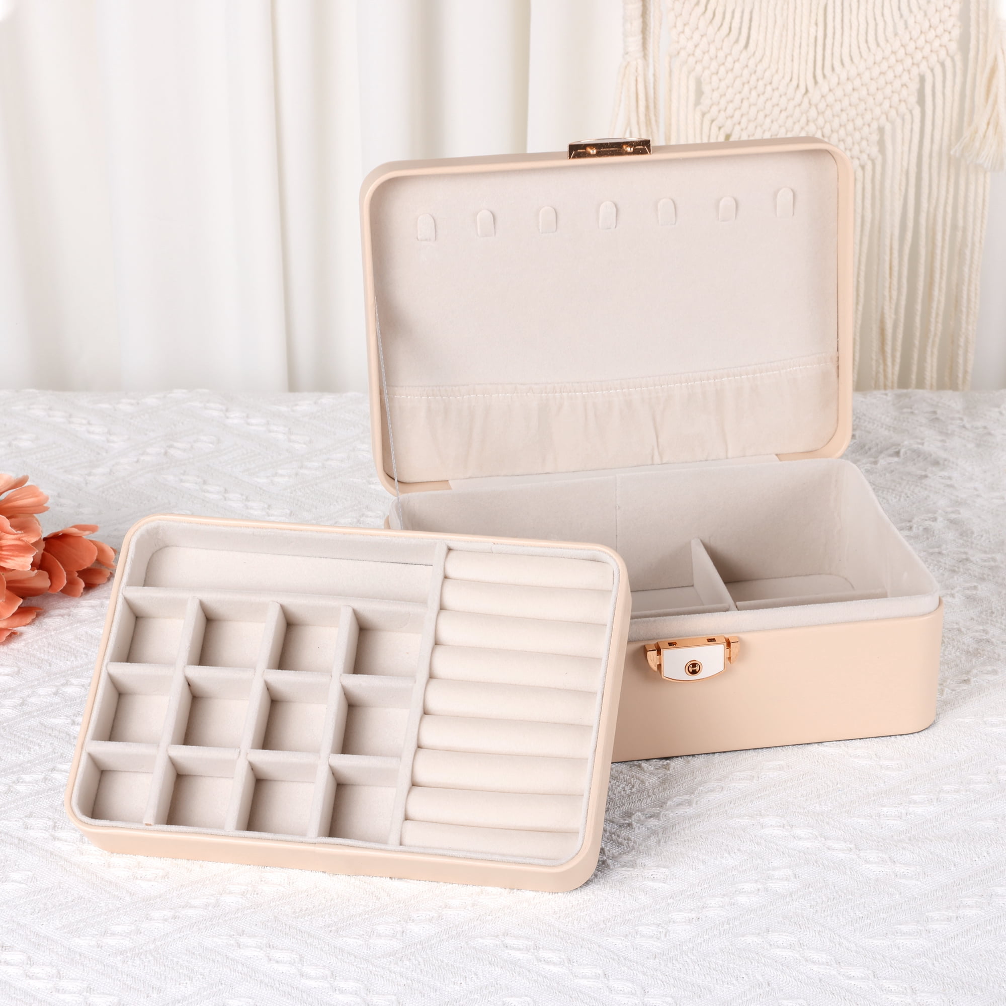 Unique Bargains 2 Layer PU Leather Jewelry Box Organizer Holder for Women Beige
