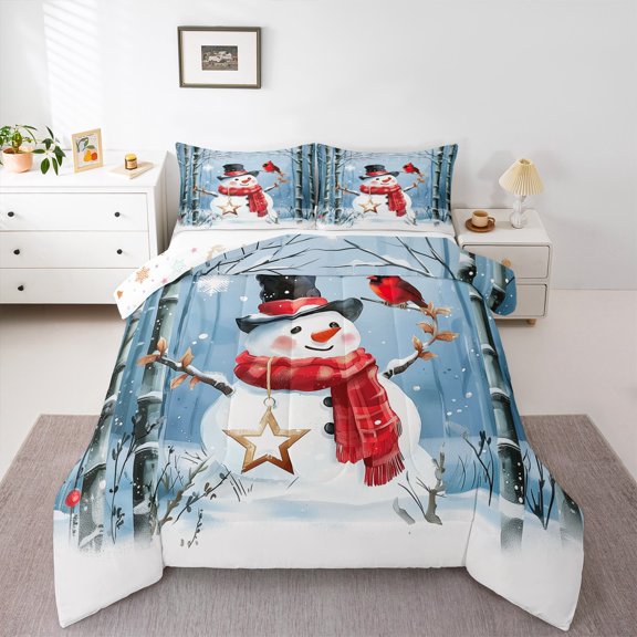 jejeloiu Kawaii Snowmen Bedding Comforter Set,Merry Christmas Twin Comforter Sets,Red White Blue Bedding Set For Childrem,Ultra Soft Home Decor Reversible,2pcs