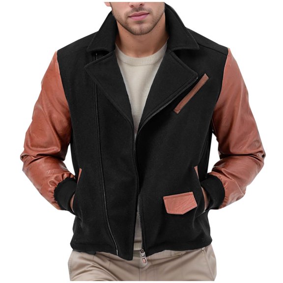 Maoxin Men Leather Jacket Men's Fashion Casual Solid Color Zipper Pockets Long Sleeve Hoodless Casual Outwear Leather Jacket Plus Size Black L