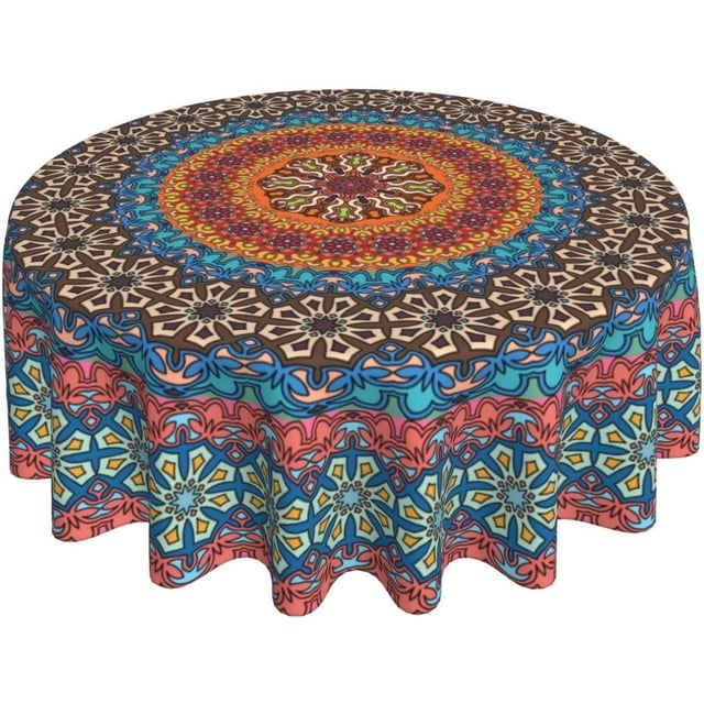 Nappe Ronde Mandala Bohème 60 Pouces Colorée Indienne Boho Vêtements de Table Art Rustique Moderne Imperméable Réutilisable Nappe Circulaire pour Pique-Nique Fête Salle à Manger Déco Maison