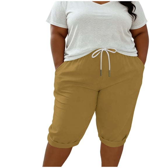 Sahpxhe Plus Size Cotton Capri Pants for Women Drawstring Elastic Waist Loose Capris Pants Casual Summer Vacation Comfy Wear Khaki XXXXXL