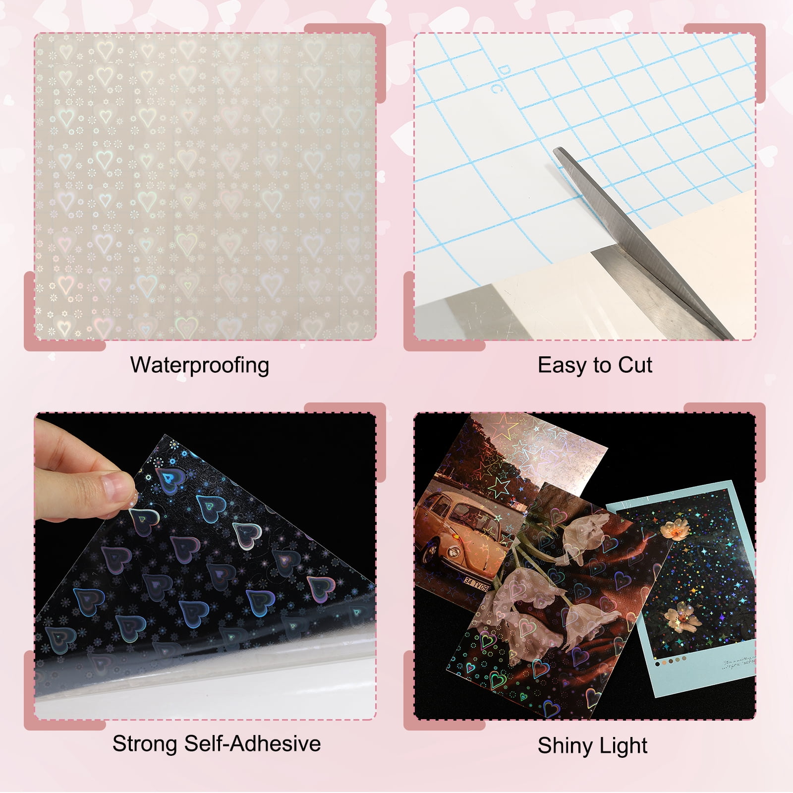 Uxcell 22 Sheets Holographic Sticker Paper, 8.3" x 11.7" Holographic Self-Adhesive A4 Transparent Waterproof Laminate Overlay Film for Photo Cards Scrapbook Decorations(Heart)