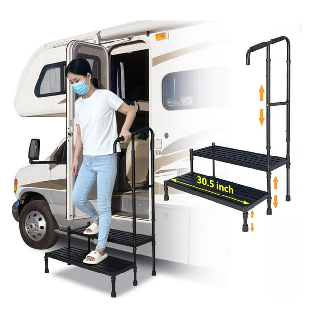 Marches Mobiles pour VR avec Main Courante, Marchepied à 2 Marches avec Poignée pour Personnes Âgées, Marches d'Escalier à 5 Roues pour VR, Marches d'Entrée pour Remorques de Voyage, Marches de Spa Robustes pour Extérieur