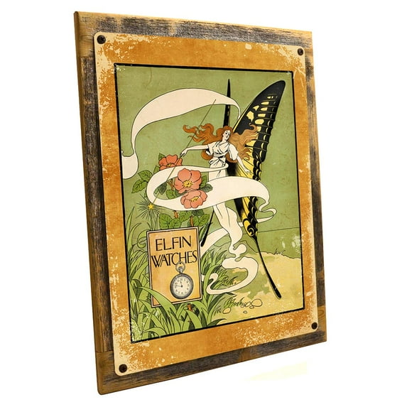 Framed Elfin Watches Vintage Ad 9"x12" Metal Sign, Wall Decor for Kitchen and Dinning Room, Hand-Crafted from reclaimed materials