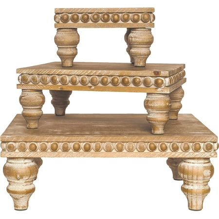 

Farmhouse Tiered Tray Decor by YIGOU - Shabby Chic Vintage Wood Risers for Coffee Bar Bathroom Kitchen Island. Three Decorative Beaded Pedestals (Set of 3 Graywash Brown)