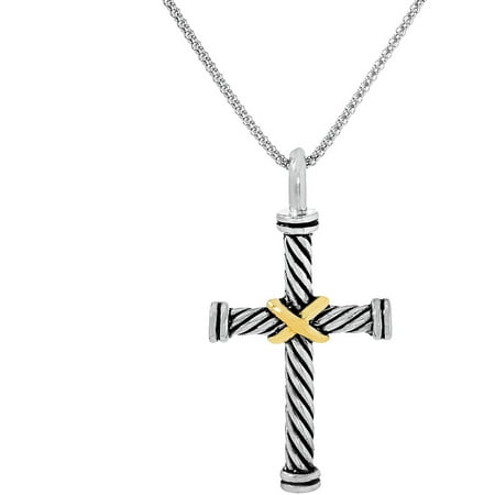 Lesa Michele Two-Tone Sterling Silver Textured Cross Popcorn Chain Necklace
