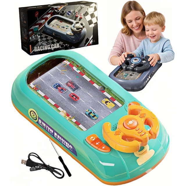 Turbo Race Interactive Game Set with 200 Challenges, Kids Driving Simulator Steering Wheel Toy, Desktop Car Racing Adventure, Obstacle Avoidance, Screen-Free, Sound Effects