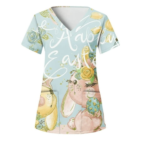 

XHJUN Womens Scrub Tops Cheap Plus Size Business Short Sleeve Tshirts Teen Girls Easter with Designs Pocket Light Blue S