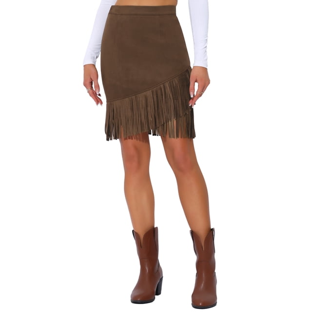 Falda de ante sintético para mujer Inspire Chic con flecos, cintura alta, estilo vintage, falda corta M marrón oscuro