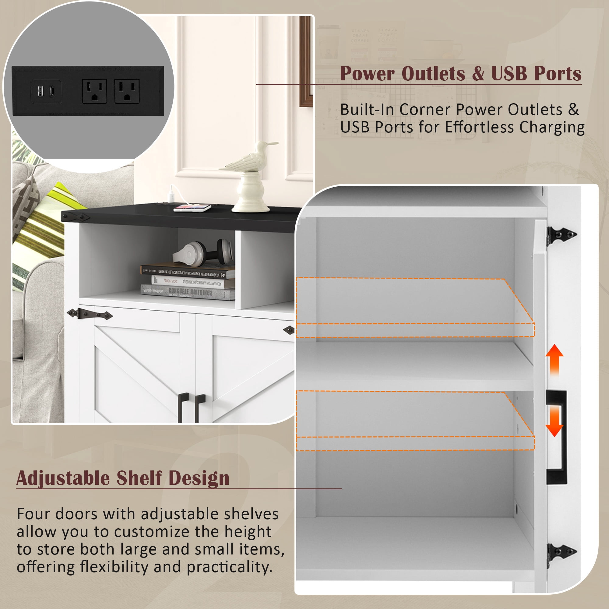 Euroco 59" Large Sideboard Buffet Cabinet with Storage, Wood Coffee Bar Station with Charging Station,Adjustable Shelves and Open Storage Shef for Living Room,Dining Room,White