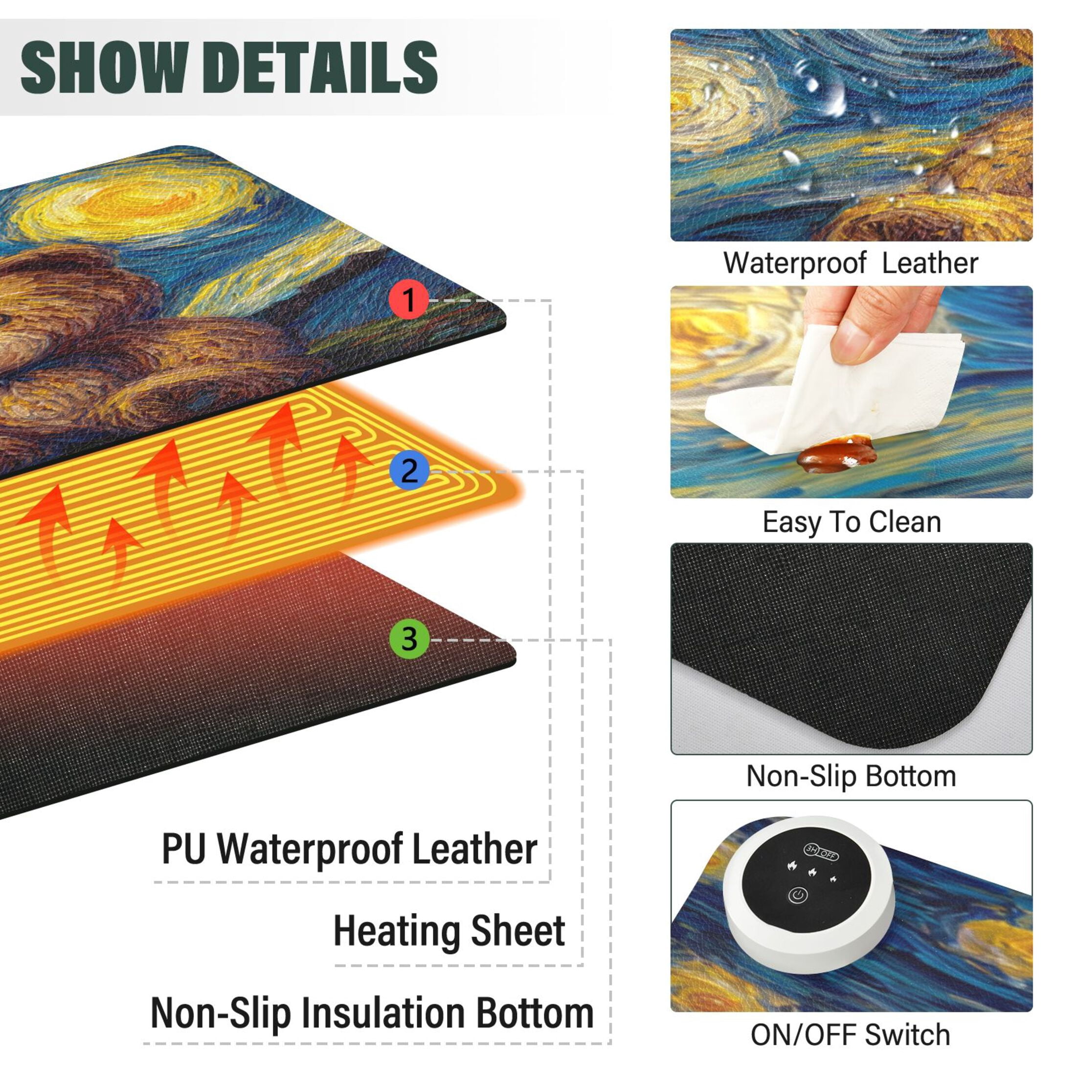 Large Heated Desk Mat Mouse Pad 31.5"x13"PU Leather Graphene Heating Desk Warmer with 3 Temperature Settings 110V US Plug Non-Slip Warm Pad for Home, Office, and Gaming Cute Bear under The Stars