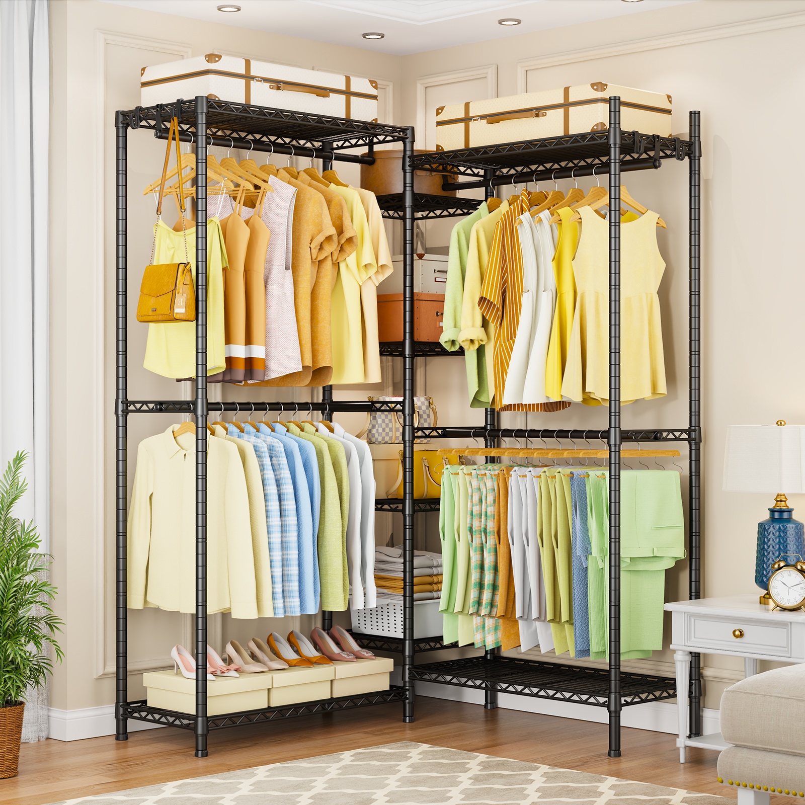 Ulif E4 Wire Garment Rack, Metal Freestanding Closet Organizer and Storage System, Heavy Duty Clothing Wardrobe with 8 Shelves and 4 Hanger Rods, Max Load 920 LBS, 70.9" W x 14.6" D x 79.3" H, Black
