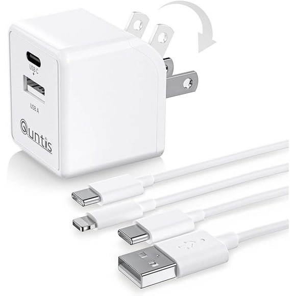 Cargador iPhone Quntis 2 Piezas 2M Cable USB A a C y Cable C a Lightning Puerto Dual Cargador iPad Bloque de Carga Rápida USB C Plegable Blanco