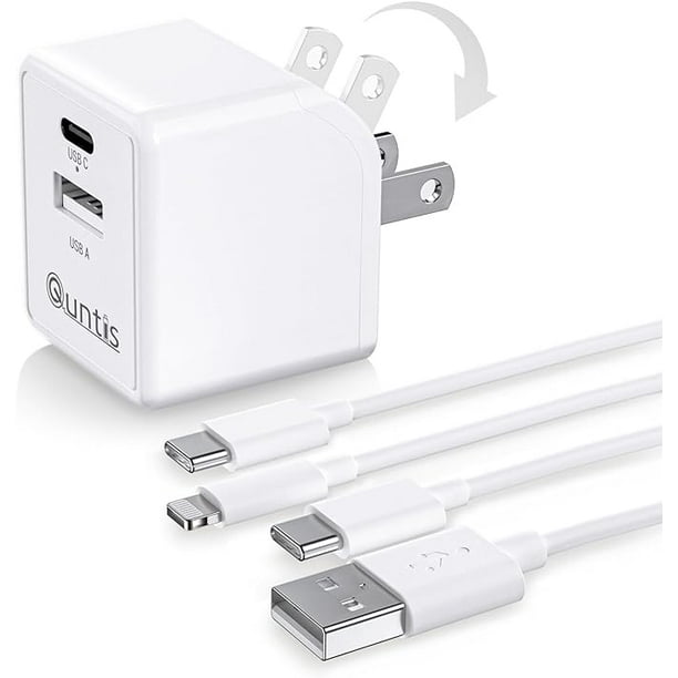 Cargador iPhone Quntis 2 Piezas 2M Cable USB A a C y Cable C a Lightning Puerto Dual Cargador iPad Bloque de Carga Rápida USB C Plegable Blanco