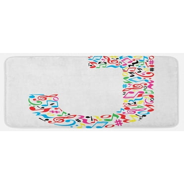 Letter J Kitchen Mat, J Typography in Design Musical Notes Graphic Style ABC Font Language Theme, Plush Decorative Kitchen Mat with Non Slip Backing, 47" X 19", Multicolor, by Ambesonne