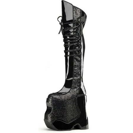 Glitter Thigh High Platform Boots - MENS SIZING Black Crinkle Patent Glitter Thigh High 8.75 Inch Platform Boots
