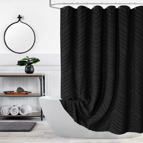Cortina de ducha bohemia negra extralarga de 96 pulgadas, cortinas de ducha de tela a rayas de chevrón con mechones negros para baño, juego de cortina de ducha de tela impermeable moderno Shabby Chic
