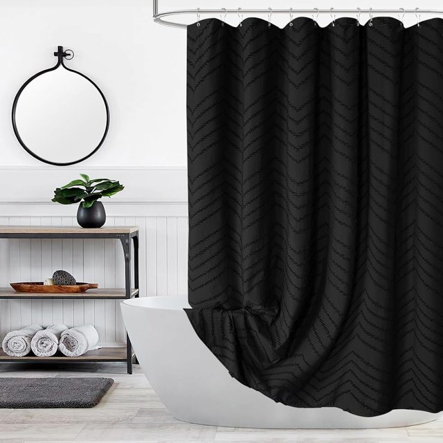 Cortina de ducha bohemia negra extralarga de 96 pulgadas, cortinas de ducha de tela a rayas de chevrón con mechones negros para baño, juego de cortina de ducha de tela impermeable moderno Shabby Chic