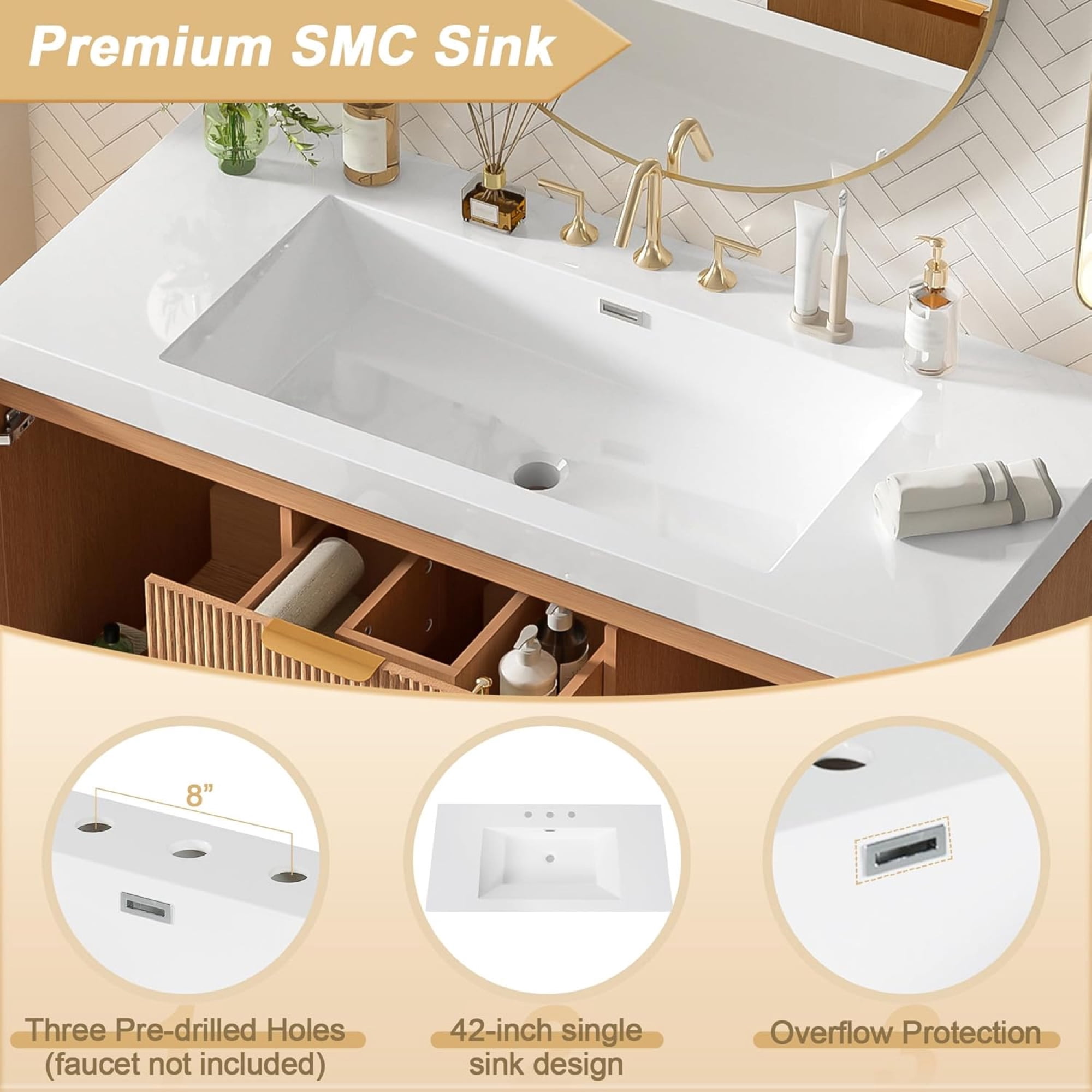 42 inch Bathroom Vanity with Sink Combo, Floating Single Sink Bathroom Vanities with SMC Resin Top, MDF Cabinet with Solid Wood Frame, Wall-Mounted Vanities for Small Bathrooms (42''-Wood)